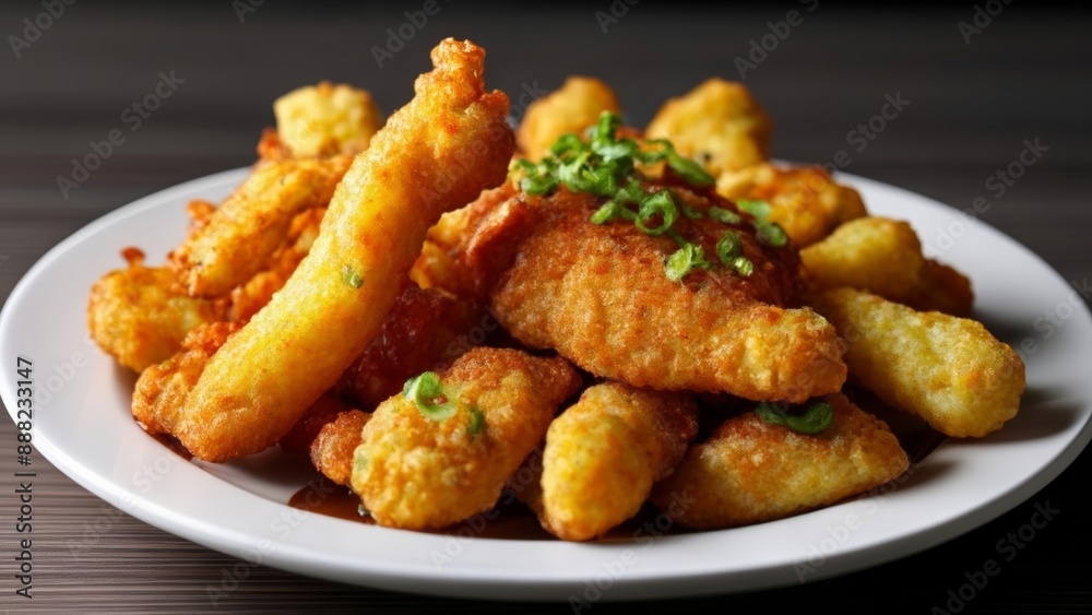 Deliciously crispy chicken bites and fries ready to be savored Deliciously crispy chicken bites and fries ready to be savored