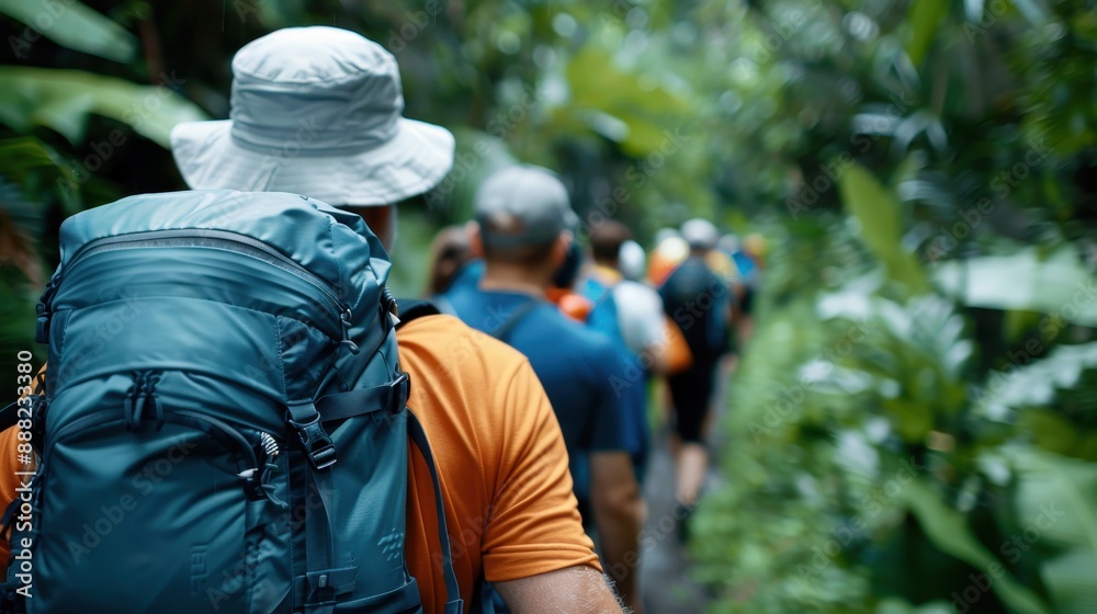 A group of people, wearing backpacks and sun hats, are hiking through a dense, green forest trail, suggesting adventure, exploration, and camaraderie in nature. A group of people, wearing backpacks and sun hats, are hiking through a dense, green forest trail, suggesting adventure, exploration, and camaraderie in nature.