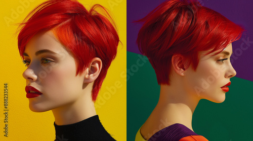 Fiery Pixie Cut: A bold, fiery red pixie cut with edgy, choppy layers, perfect for an avant-garde art exhibition or a trendy downtown cafe, making a daring and stylish statement