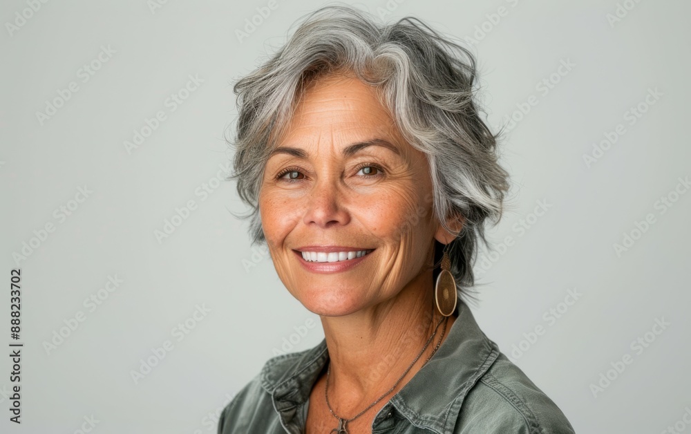 A woman with short, gray hair smiles at the camera. She is wearing earrings and a green shirt A woman with short, gray hair smiles at the camera. She is wearing earrings and a green shirt