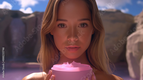 A close up of two hands holding a matte pink jar. A beautiful skin model posing in front of her face and body for a beauty magazine photoshoot, moody aesthetic. Focus on the texture and color of cream