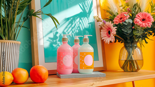 Design mockup of pink and white shampoo, conditioner and body wash in sleek silver cans with pastel colors and dots on the labels