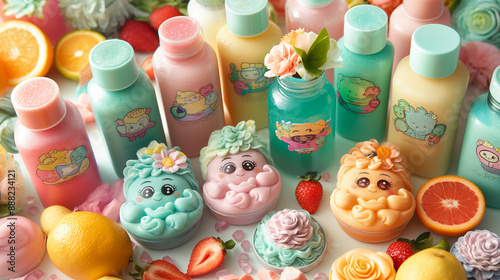 A variety of beauty products, including body washes and serums, arranged on the white background. The items include bottles with colorful labels and jars with decorative artwork