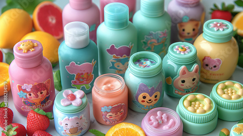 A variety of beauty products, including body washes and serums, arranged on the white background. The items include bottles with colorful labels and jars with decorative artwork