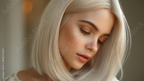 Sleek and Sophisticated: A glossy, straightened hairstyle with a sharp middle part and platinum blonde strands, perfect for a high-end fashion show or a black-tie gala, exuding modern sophistication