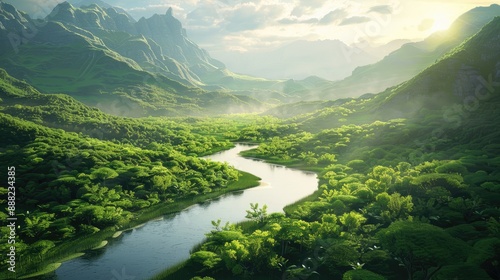 A peaceful valley with a winding river and lush greenery