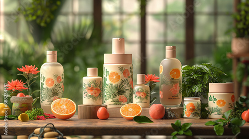 Multiple product mockups for skin care and body lotion were created, with each bottle featuring the brand logo on it. The mockups featured nature-inspired backgrounds with leaves, flowers or fruits