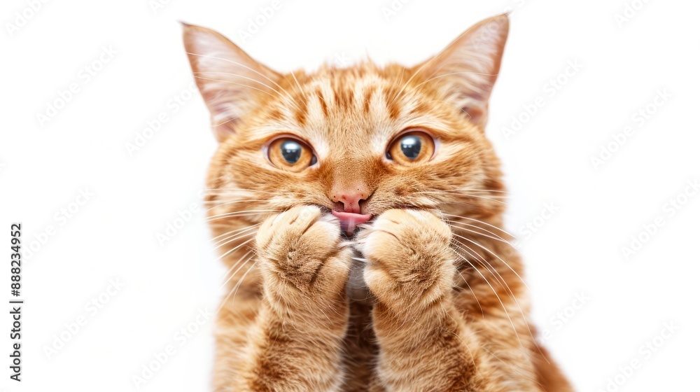 Surprised cat covering his mouth with his paws isolated on white background : Generative AI Surprised cat covering his mouth with his paws isolated on white background : Generative AI