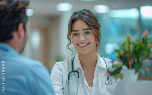 A female doctor, wearing a white coat and stethoscope, smiles and speaks to a patient in a hospital setting