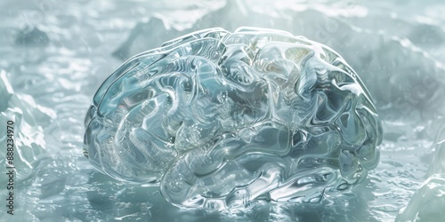 Cryonics and the Pursuit of Eternal Life: A Detailed Illustration of a Frozen Brain Encased in Ice for Future Revival photo