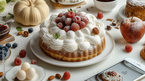 Modern website design mockup of restaurant, featuring a cake dish on the screen against a white background in a flatlay style with a phone and tablet