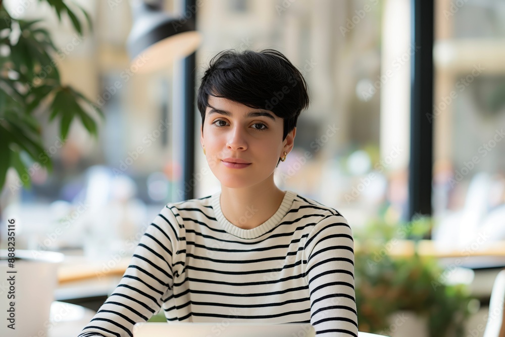Young woman with short hair in striped shirt sitting in a cafe relaxed atmosphere concept Young woman with short hair in striped shirt sitting in a cafe relaxed atmosphere concept