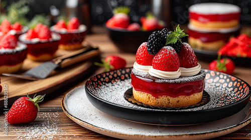 Modern website design mockup of restaurant, featuring a cake dish on the screen against a white background in a flatlay style with a phone and tablet