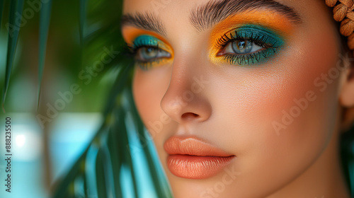 Tropical Paradise: Vibrant teals, sunny yellows, and coral pinks come together for a vibrant eye makeup, perfect for a day at a tropical resort, where palm trees sway in the warm breeze