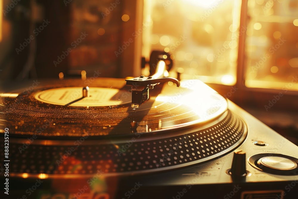 Record player with needle in groove playing music near sunny window in music club DJ equipment is working Record player with needle in groove playing music near sunny window in music club DJ equipment is working