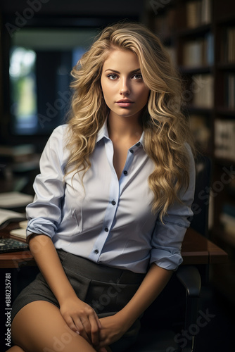 Confident woman in white blouse sitting in library © Agustin