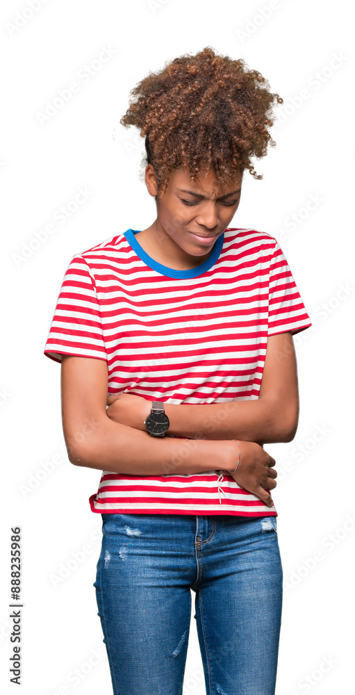 Beautiful young african american woman over isolated background with hand on stomach because nausea, painful disease feeling unwell. Ache concept.