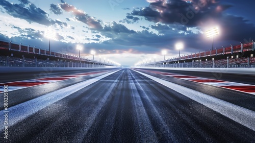 High-speed international racetrack featuring grandstands and lights Arena empty.  © 9DIGITECH
