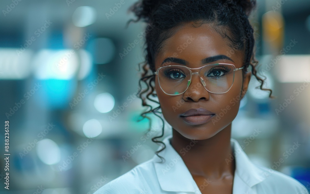 A close-up portrait of a Black woman scientist in a lab coat, wearing glasses and looking directly at the camera