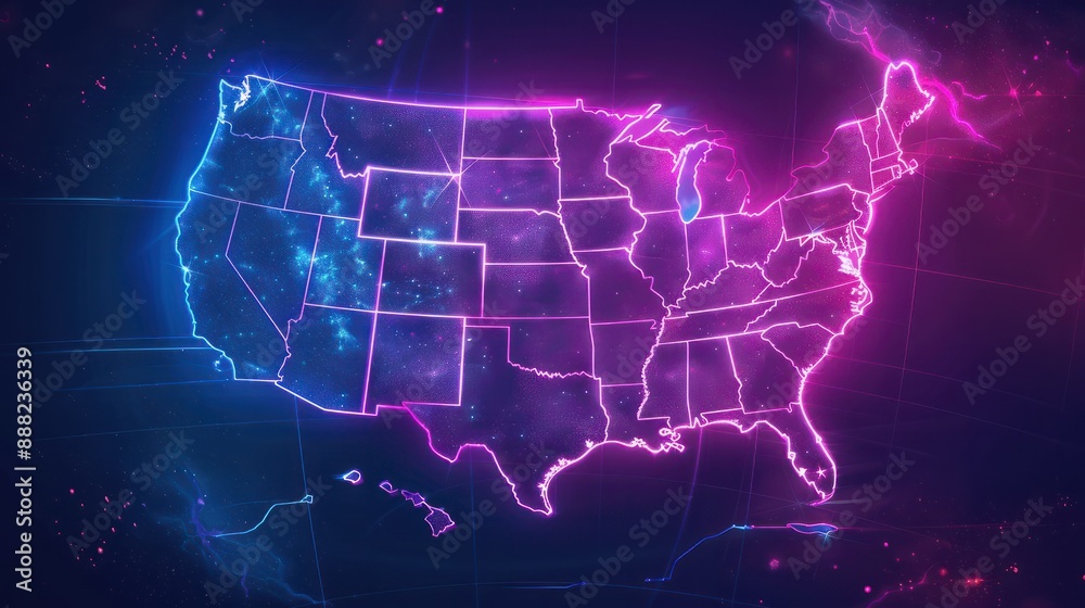 Vibrant neon outline of the United States map on a dark background, symbolizing energy and connectivity across the country Vibrant neon outline of the United States map on a dark background, symbolizing energy and connectivity across the country