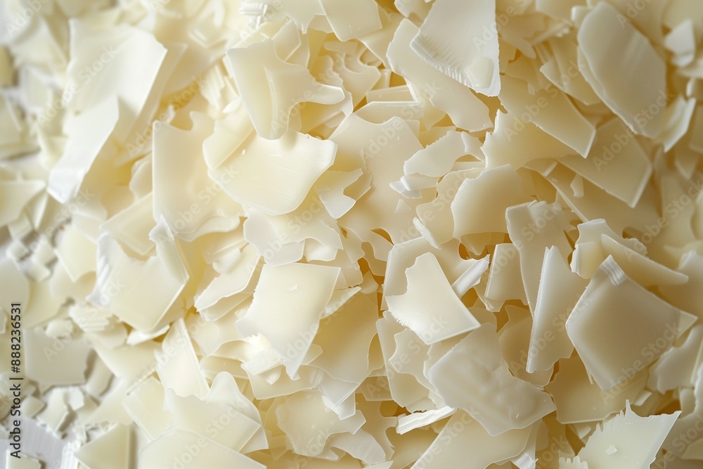Close-up of white soy wax flakes, showcasing their light texture and role as an ingredient for homemade candles Close-up of white soy wax flakes, showcasing their light texture and role as an ingredient for homemade candles