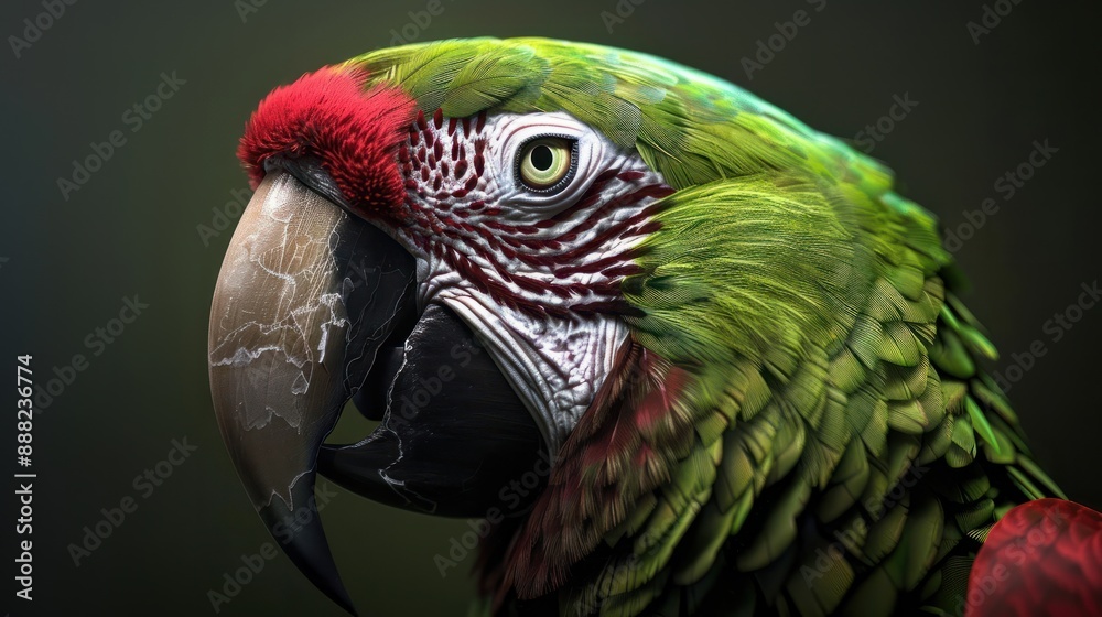 Wild green macaw parrot, ara parrot head, wildlife ararauna bird face, tropical exotic life Wild green macaw parrot, ara parrot head, wildlife ararauna bird face, tropical exotic life