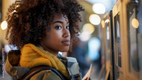 Young African American woman with curly hair casts her ballot at voting station