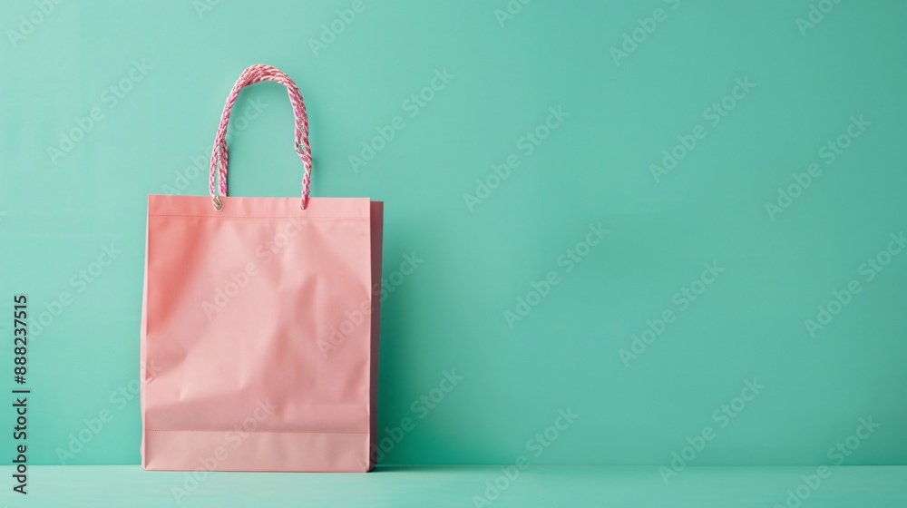 A pastel pink shopping bag against a mint green background A pastel pink shopping bag against a mint green background