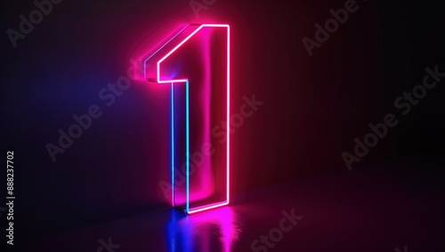 The image depicts a glowing neon number one on a dark reflective surface, featuring vibrant pink and blue hues, ideal for contemporary and vibrant design projects.