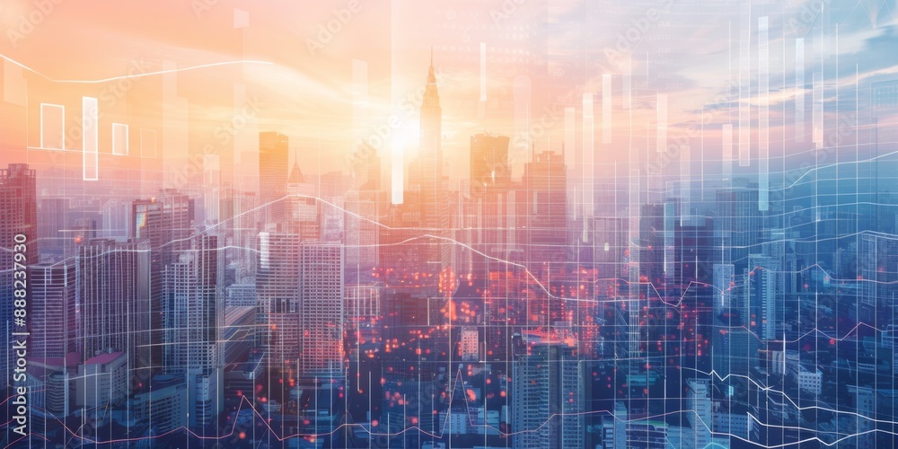Fototapeta premium Dynamic Double Exposure Image: Documents and Charts Overlaying a Cityscape, Symbolizing the Intersection of Business Analytics and Urban Development