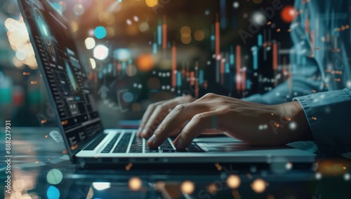 This image shows a person typing on a laptop, with an overlay of data charts and bokeh lights in the background, symbolizing the intersection of technology, data analytics, and modern computing. © OneStockShop
