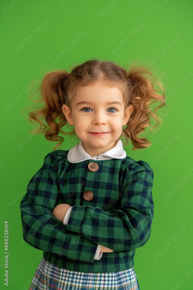 adorable little girl with pigtails smiling wearing primary school outfit, confidently standing on green background adorable little girl with pigtails smiling wearing primary school outfit, confidently standing on green background