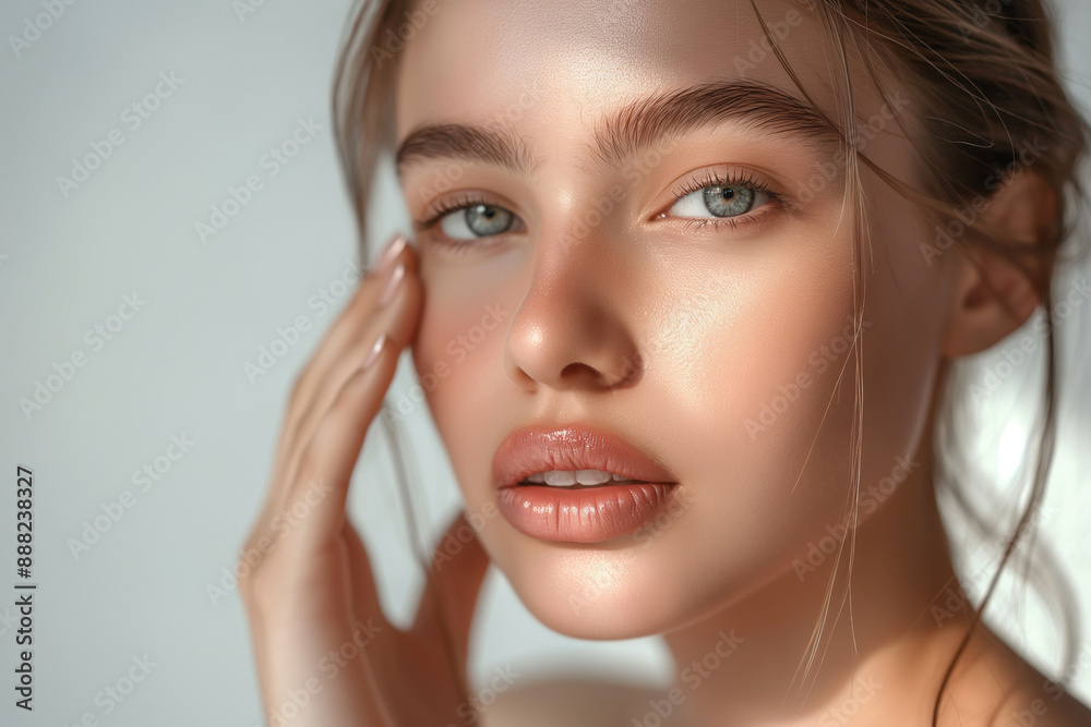 Contemplative Woman with Hand on Face - Elegant Beauty Portrait Featuring Soft Light and Thoughtful Expression, Radiant Skin and Natural Makeup, High-Quality Photography Contemplative Woman with Hand on Face - Elegant Beauty Portrait Featuring Soft Light and Thoughtful Expression, Radiant Skin and Natural Makeup, High-Quality Photography