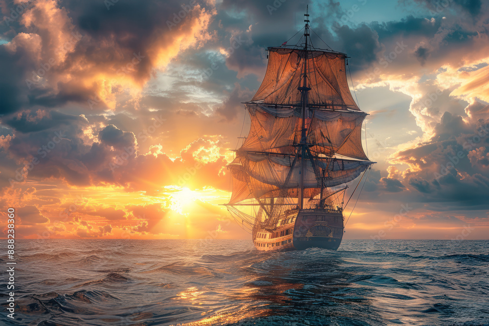 Obraz premium A tall ship sails on the open ocean at sunset, with the sun shining through the clouds