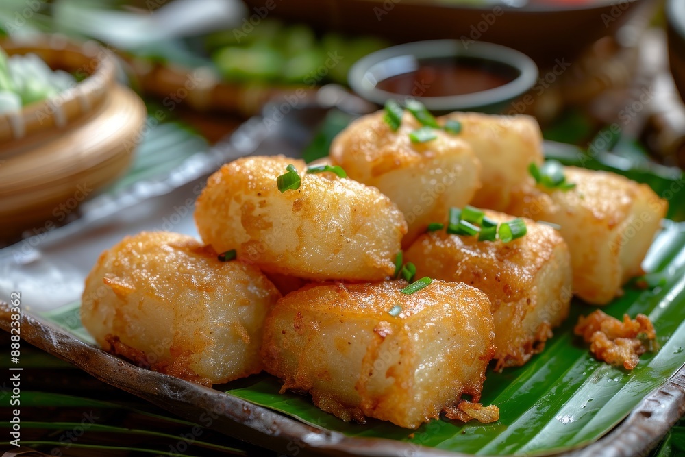 Legendary crispy fried cassava served on banana leaf with tea or coffee Legendary crispy fried cassava served on banana leaf with tea or coffee