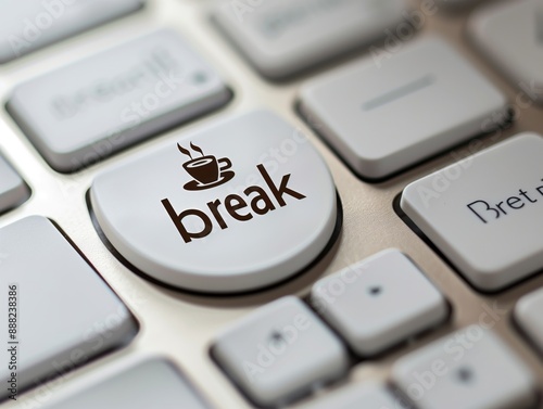 A close-up of a keyboard with a specially highlighted button labeled 'break' which features an icon of a coffee cup, symbolizing a break time suggestion.
