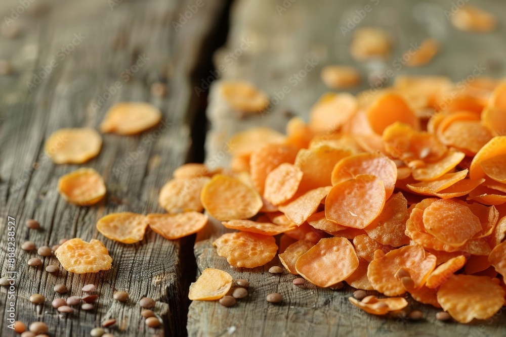 Lentil chips on wood counter Lentil chips on wood counter