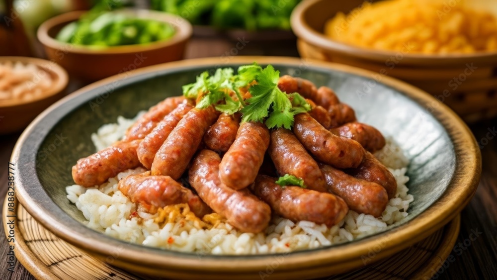 Delicious meal of sausages and rice ready to be savored Delicious meal of sausages and rice ready to be savored