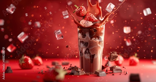 This mouthwatering image shows a strawberry chocolate drink with ice cubes and dramatic splashes, set against a vibrant red background, emphasizing its irresistible sweetness.