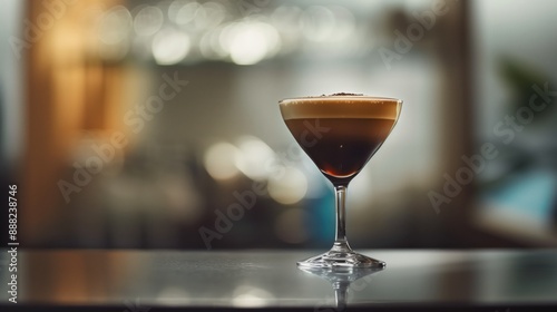 A traditional coffee cocktail sitting on a sleek bar counter, captured in a cozy and softly lit bar environment, emphasizing warmth and comfort.