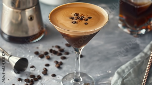 A creamy coffee cocktail garnished with coffee beans takes center stage on a light-colored surface amidst a relaxed setting, highlighting its pleasing presentation and inviting nature in a casual sce
