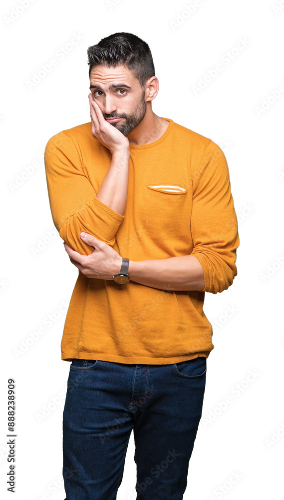 Young handsome man over isolated background thinking looking tired and bored with depression problems with crossed arms. Young handsome man over isolated background thinking looking tired and bored with depression problems with crossed arms.