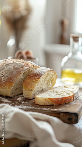 A close-up of homemade bread loaf sliced on a rustic wooden board, with a bottle of olive oil in the background, highlighting the freshness and artisanal quality.