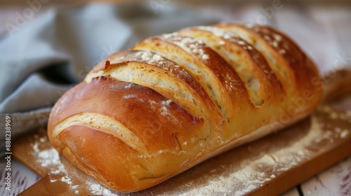 A golden-hued, freshly baked loaf of bread served on a wooden board in a cozy kitchen, creating a homey feel with its inviting and comforting appearance.