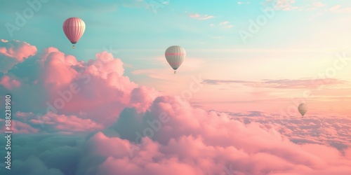 This image features colorful hot air balloons drifting gently among fluffy pink clouds in the sky, capturing a serene sunset moment that evokes feelings of freedom and peace.