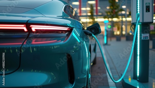 A modern electric car is plugged into a charging station in an urban area during evening hours, showcasing the advancement in electric vehicles and infrastructure.
