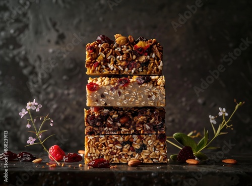 This is an image displaying three granola bars stacked vertically, containing seeds and dried fruits, all placed against a dark, textured background, accompanied by some flower sprigs.