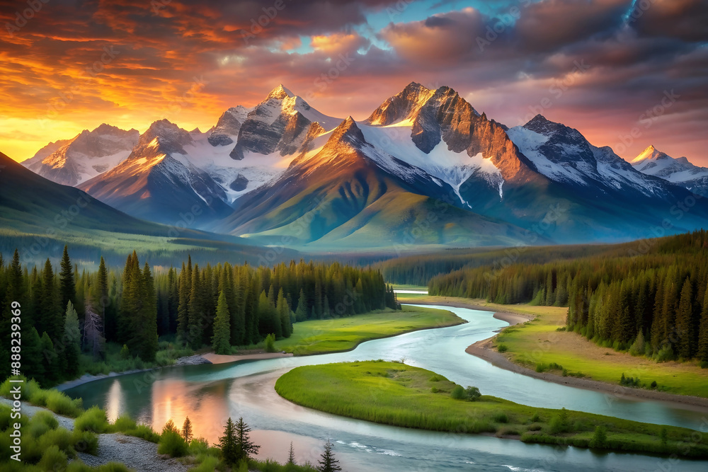Fototapeta premium Breathtaking Mountain Range at Sunrise. Snow-Capped Peaks and Vibrant Sky.