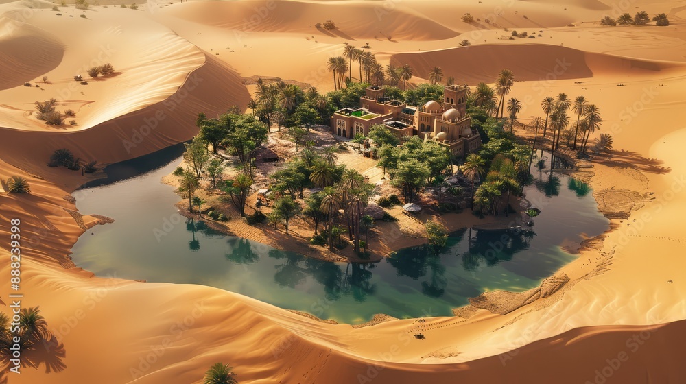 A remote desert oasis surrounded by sand dunes