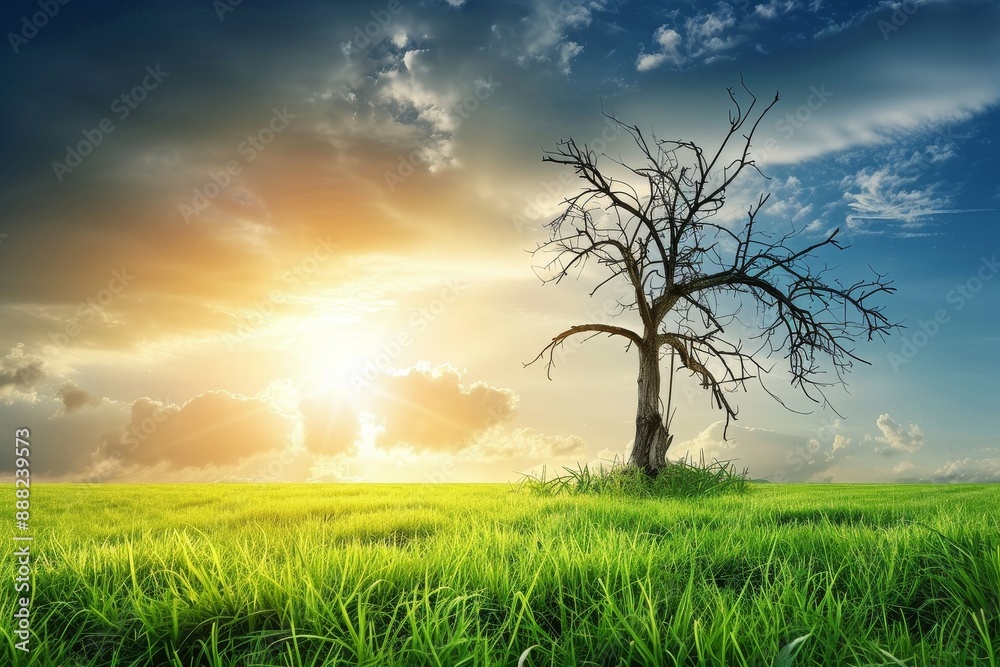 Fototapeta premium Metaphor for global warming Dead tree pollution and green grass under sunny skies symbolize climate change